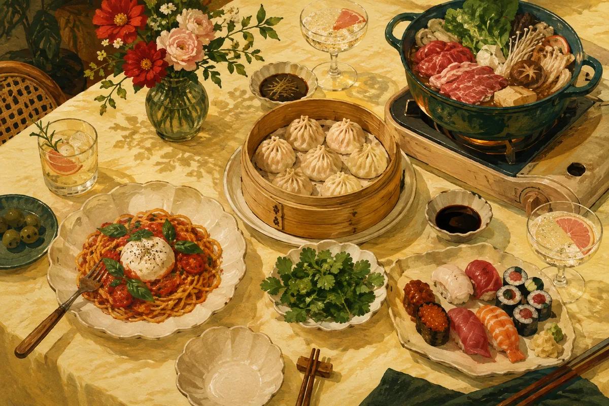 两个人的温暖美食餐桌插画